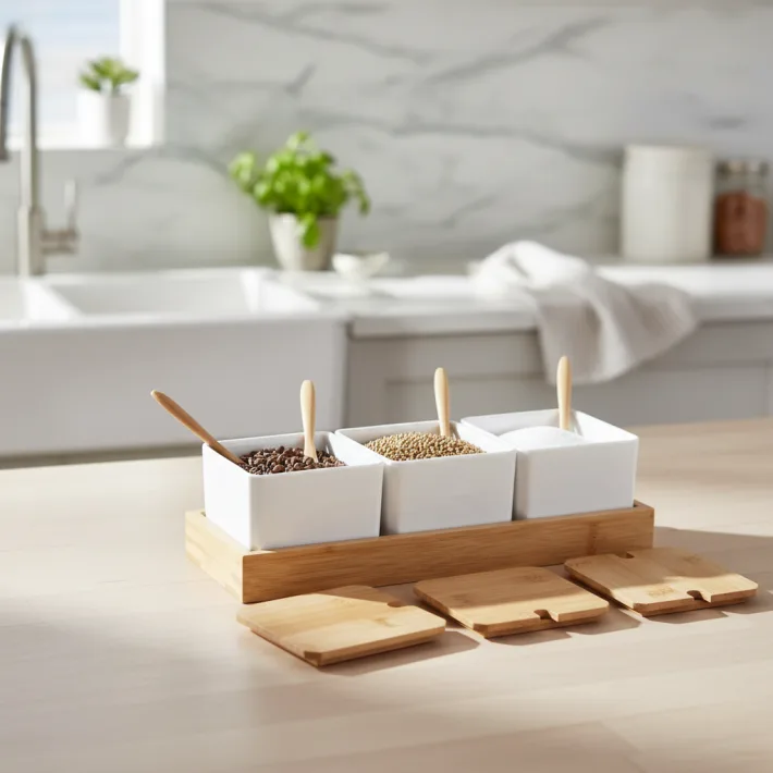 2617 - Set de 3 Especieros con Cucharitas Con Base de Madera