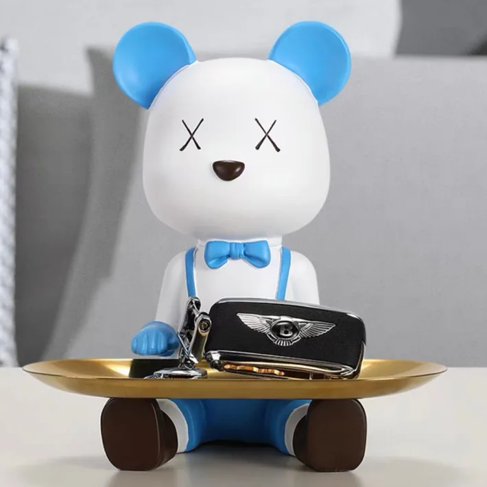 CX02-C - Mr. Bear Decorativo de Resina Sentado Celeste - Bandeja - 18cm de A