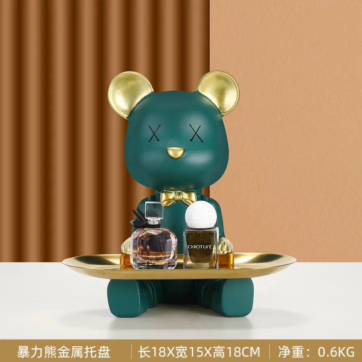 CX02-V - Mr. Bear Decorativo de Resina Sentado Verde - Bandeja - 18cm de Alt