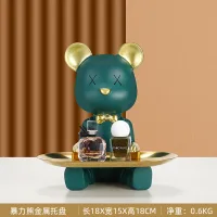 CX02-V - Mr. Bear Decorativo de Resina Sentado Verde - Bandeja - 18cm de Alt