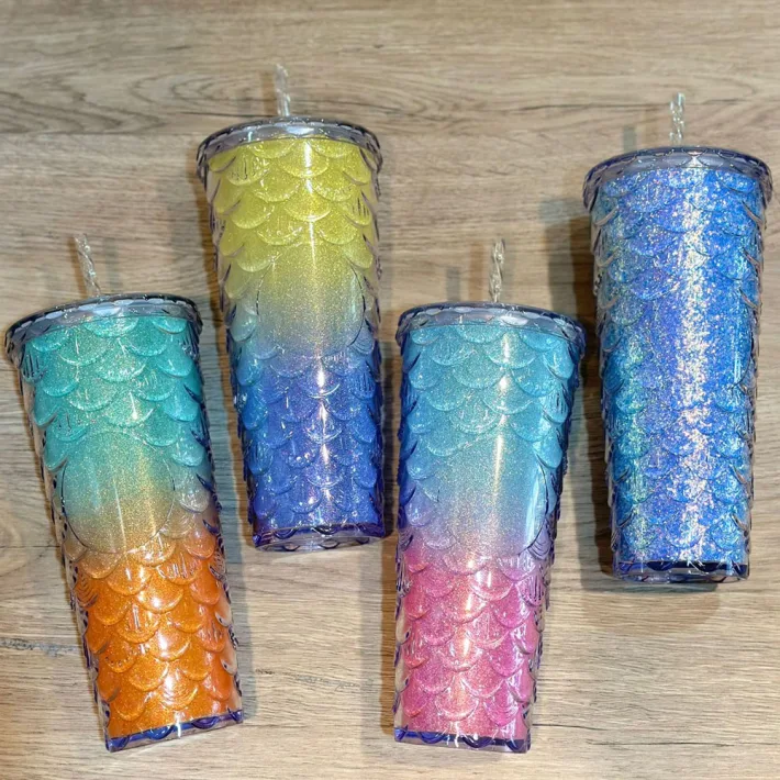 DN-6166-B - Vaso con Tapa + Sorbete Glitter Diseño Cola de Sirena