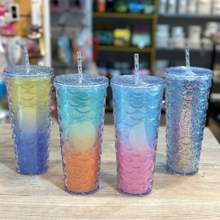 DN-6166-B - Vaso con Tapa + Sorbete Glitter Diseño Cola de Sirena