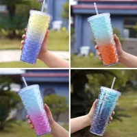 DN-6166-B - Vaso con Tapa + Sorbete Glitter Diseño Cola de Sirena