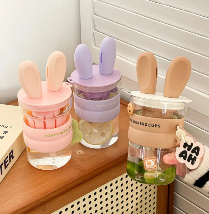 GP-4131 - Vaso de Vidrio con Tapa Diseño Oreja de Conejo + Filtro y Doble So