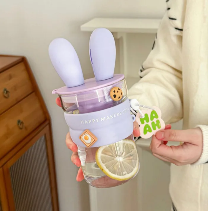 GP-4131 - Vaso de Vidrio con Tapa Diseño Oreja de Conejo + Filtro y Doble So