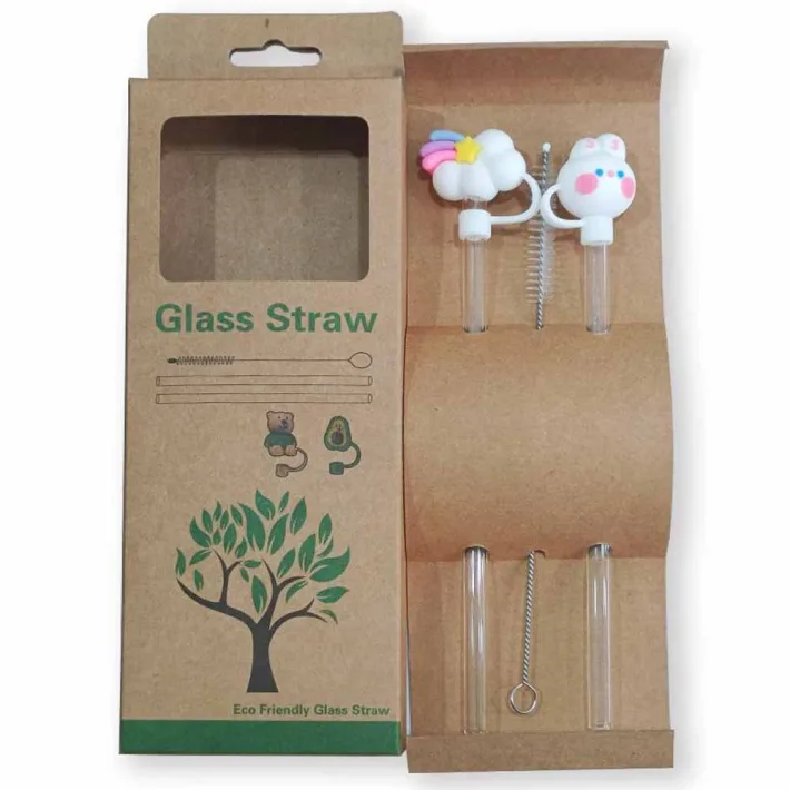Set de Sorbetes de Vidrio Eco Friendly + Limpiador con Tapas de Silicona Con