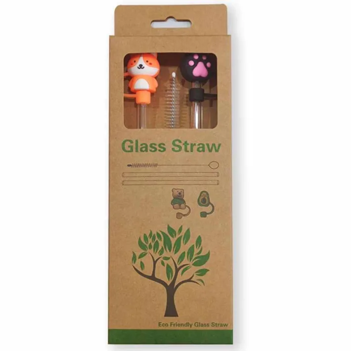 Set de Sorbetes de Vidrio Eco Friendly + Limpiador con Tapas de Silicona Con