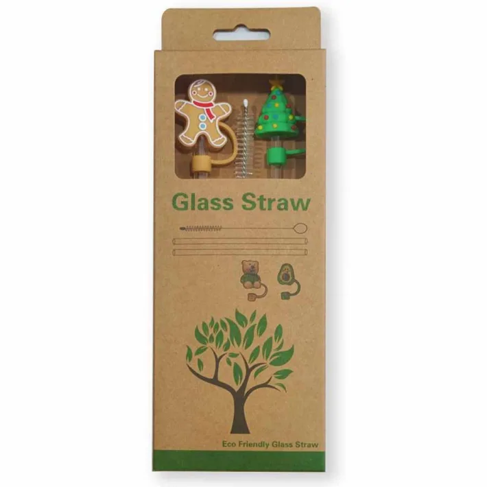 Set de Sorbetes de Vidrio Eco Friendly + Limpiador con Tapas de Silicona Con