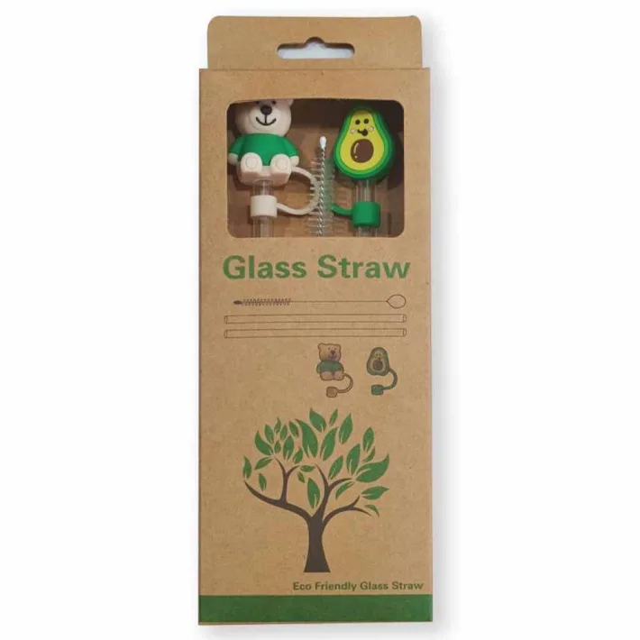 Set de Sorbetes de Vidrio Eco Friendly + Limpiador con Tapas de Silicona Con