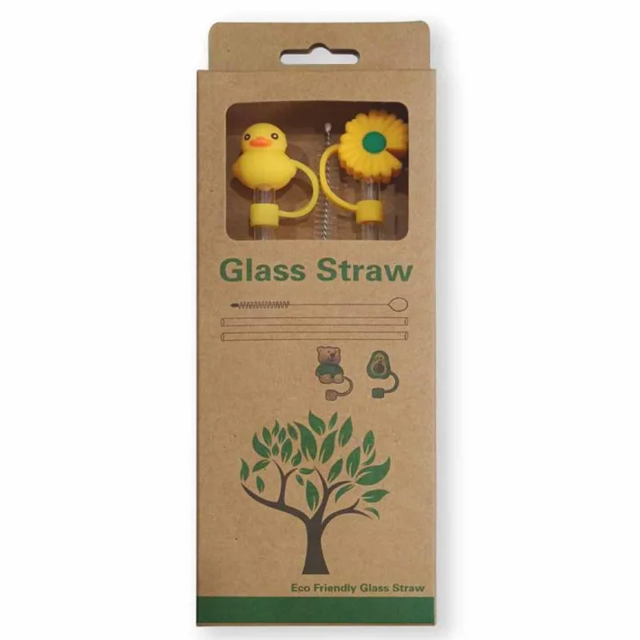 Set de Sorbetes de Vidrio Eco Friendly + Limpiador con Tapas de Silicona Con