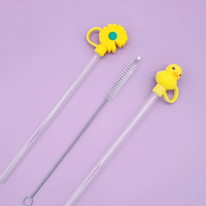 Set de Sorbetes de Vidrio Eco Friendly + Limpiador con Tapas de Silicona Con