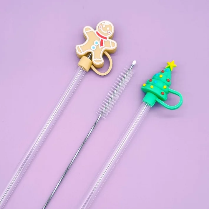 Set de Sorbetes de Vidrio Eco Friendly + Limpiador con Tapas de Silicona Con