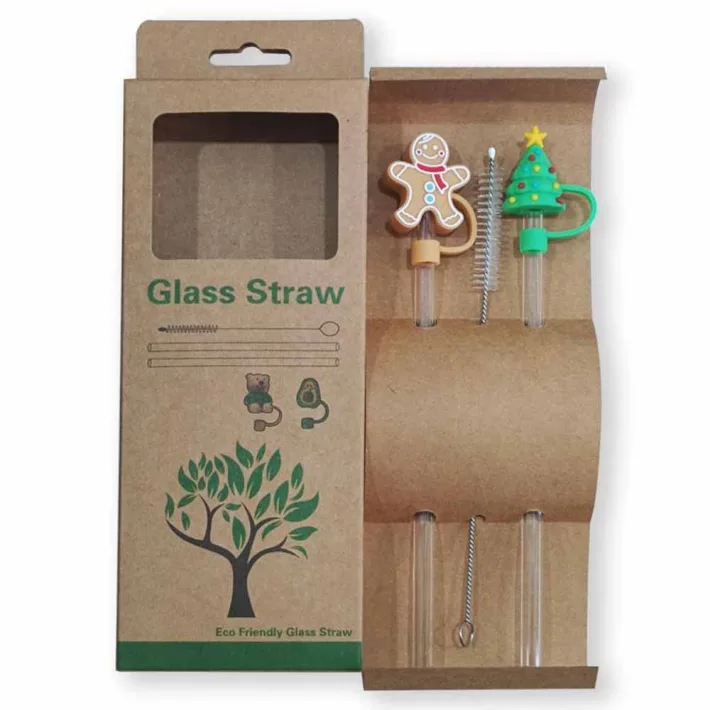 Set de Sorbetes de Vidrio Eco Friendly + Limpiador con Tapas de Silicona Con