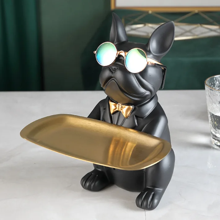 Mr. Bulldog Decorativo Sentado Black + Lentes de Regalo - Bandeja