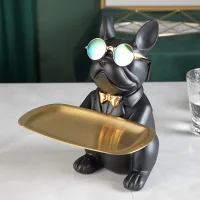 Mr. Bulldog Decorativo Sentado Black + Lentes de Regalo - Bandeja