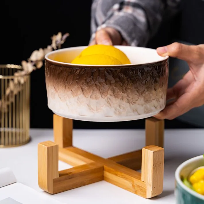 H57 - Bowl de Cerámica con Base de Madera Diseño Degradé
