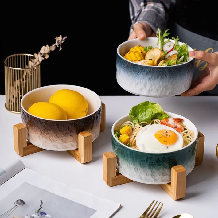 H57 - Bowl de Cerámica con Base de Madera Diseño Degradé