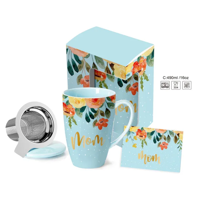 HRC002-A - Set Taza de Cerámica con Tapa/Infusor + Tarjeta de Regalo Mom Bl