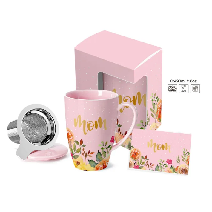 HRC002-D - Set Taza de Cerámica con Tapa/Infusor + Tarjeta de Regalo Mom Pin