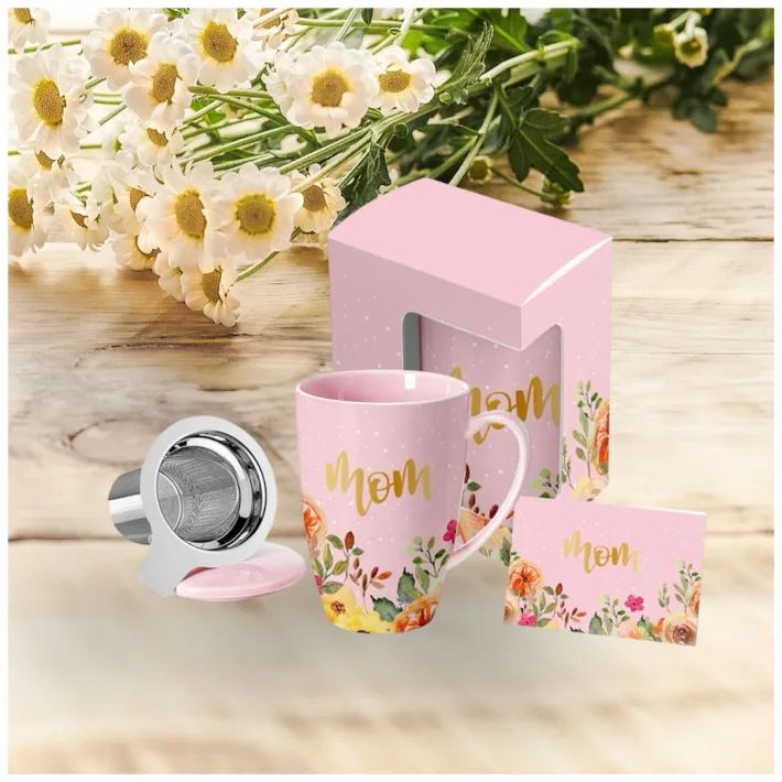 HRC002-D - Set Taza de Cerámica con Tapa/Infusor + Tarjeta de Regalo Mom Pin