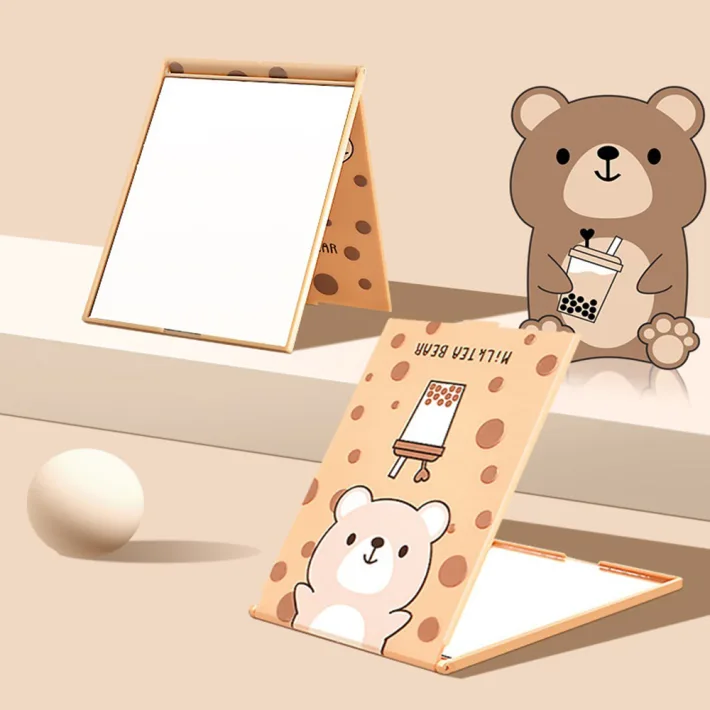 J012 - Espejo con Base Ajustable + Protector Milk Tea Bear 9.5*12.7cm