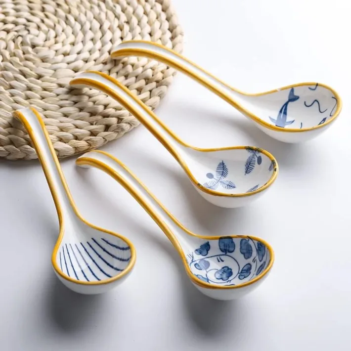 JJX1020 - Set x 4 Cuchara de Cerámica Blue Waves Leaves Lines 16*4.5cm