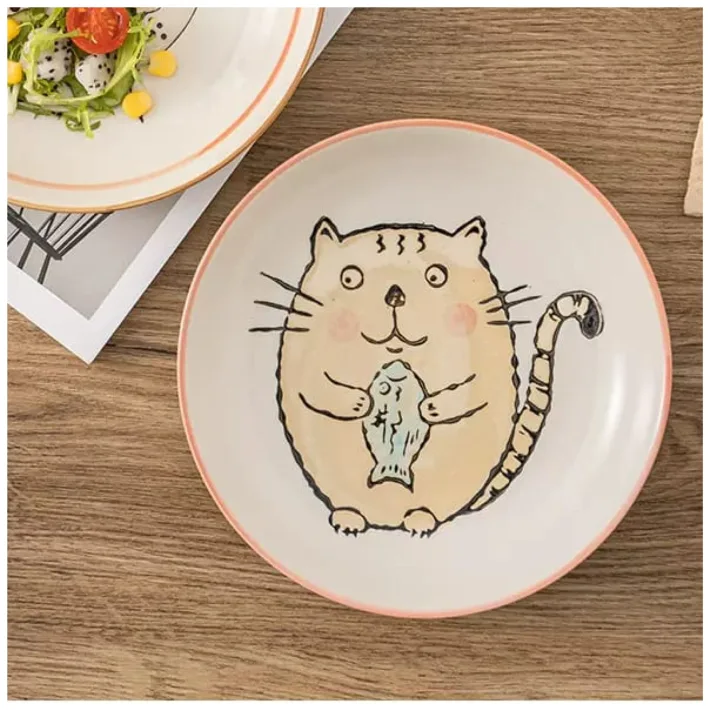 Platito Redondo De Cerámica Animado Gato Blanco 19*2.6cm