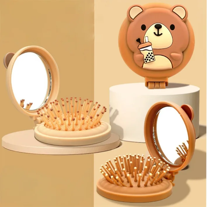 NCX174 - Mini Cepillo para Cabello Portátil + Espejito Milk Tea Bear 14*6.5c