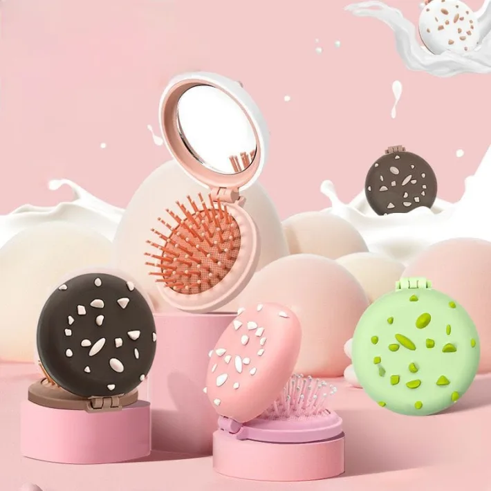 QKL174 - Mini Cepillo para Cabello Portátil + Espejito Cookie Colors  14*7.5