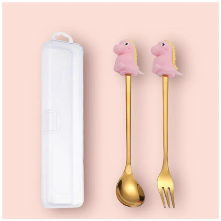 STP10196-A-ROS - Cucharita + Tenedor de Postre Acero Dorado Dino Rosa - 2pz