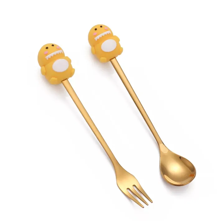 STP10196-B-AM - Cucharita + Tenedor de Postre Acero Dorado Bubble Dragón Ama