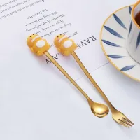 STP10196-B-AM - Cucharita + Tenedor de Postre Acero Dorado Bubble Dragón Ama