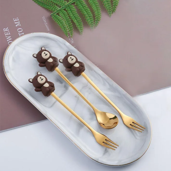 Cucharita + Tenedor de Postre Acero Dorado Conejito - 2pzas