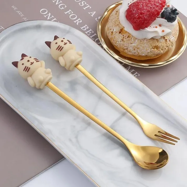 Cucharita + Tenedor de Postre Acero Dorado Conejito - 2pzas