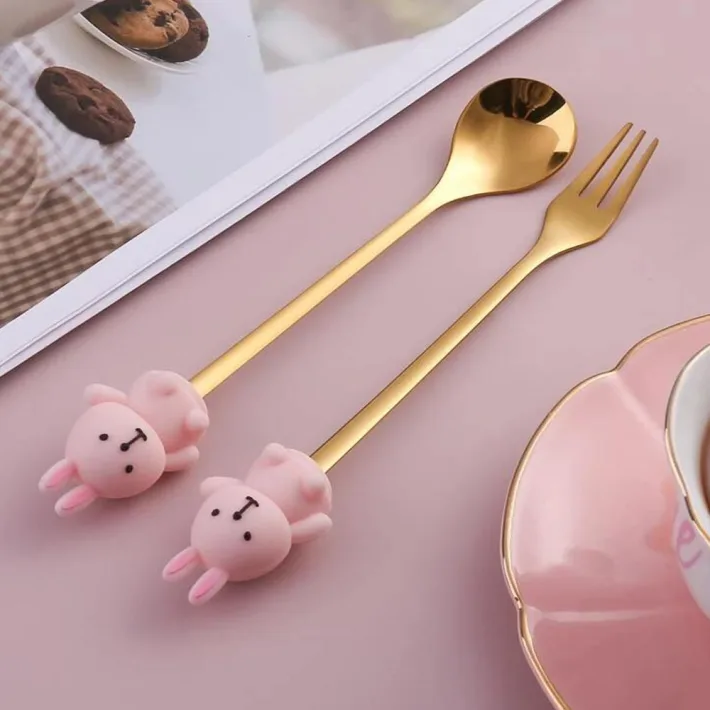 Cucharita + Tenedor de Postre Acero Dorado Conejito - 2pzas