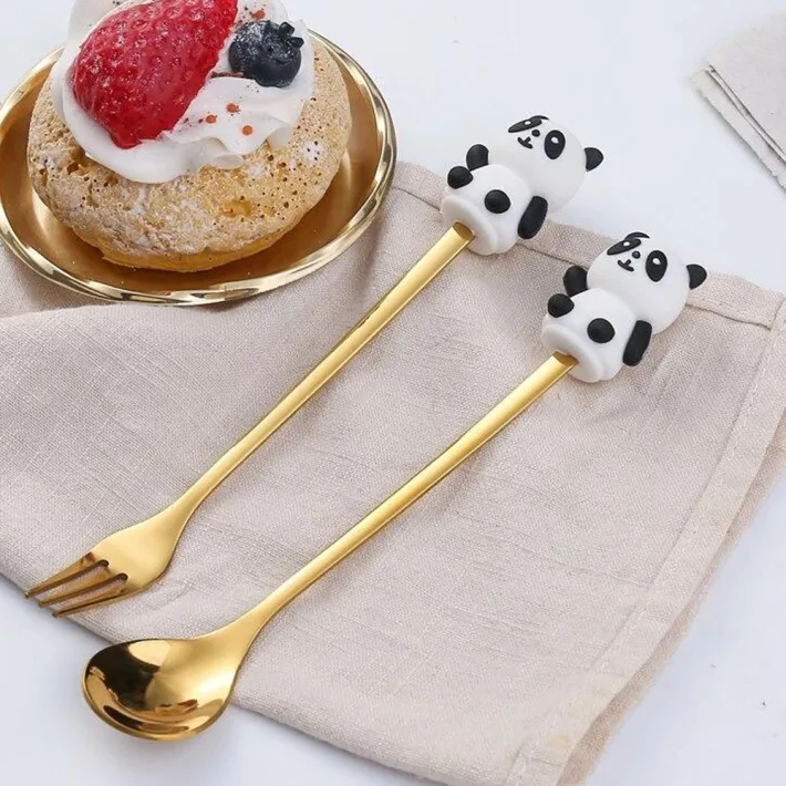 Cucharita + Tenedor de Postre Acero Dorado Conejito - 2pzas