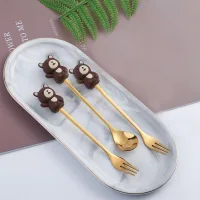 Cucharita + Tenedor de Postre Acero Dorado Conejito - 2pzas