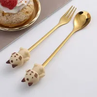 Cucharita + Tenedor de Postre Acero Dorado Conejito - 2pzas