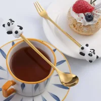 Cucharita + Tenedor de Postre Acero Dorado Conejito - 2pzas