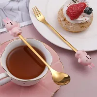 Cucharita + Tenedor de Postre Acero Dorado Conejito - 2pzas