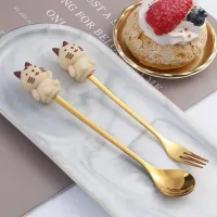 Cucharita + Tenedor de Postre Acero Dorado Conejito - 2pzas