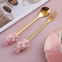 Cucharita + Tenedor de Postre Acero Dorado Conejito - 2pzas