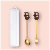 Cucharita + Tenedor de Postre Acero Dorado Conejito - 2pzas