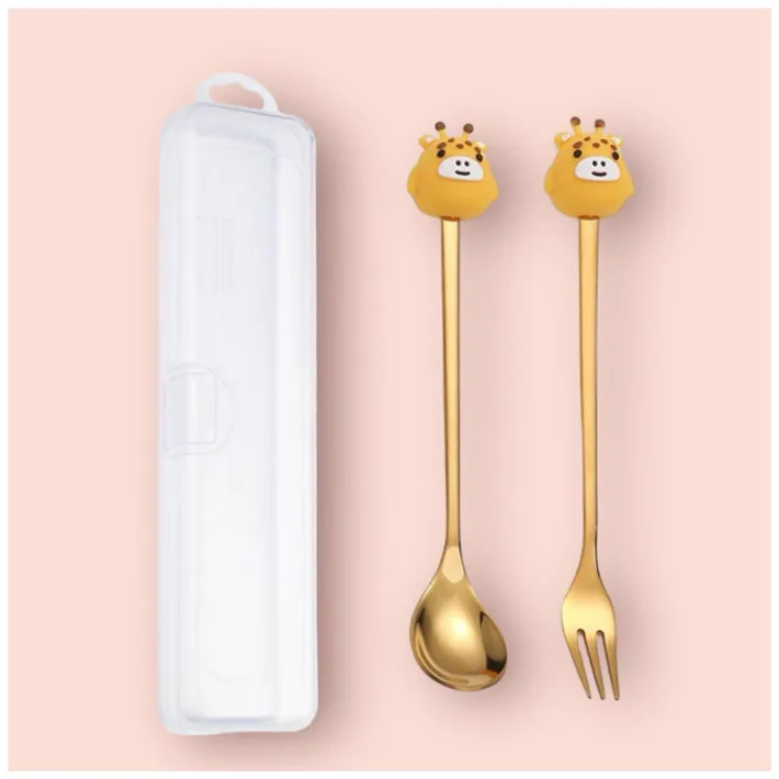 Cucharita + Tenedor de Postre Acero Dorado Jirafa- 2pzas