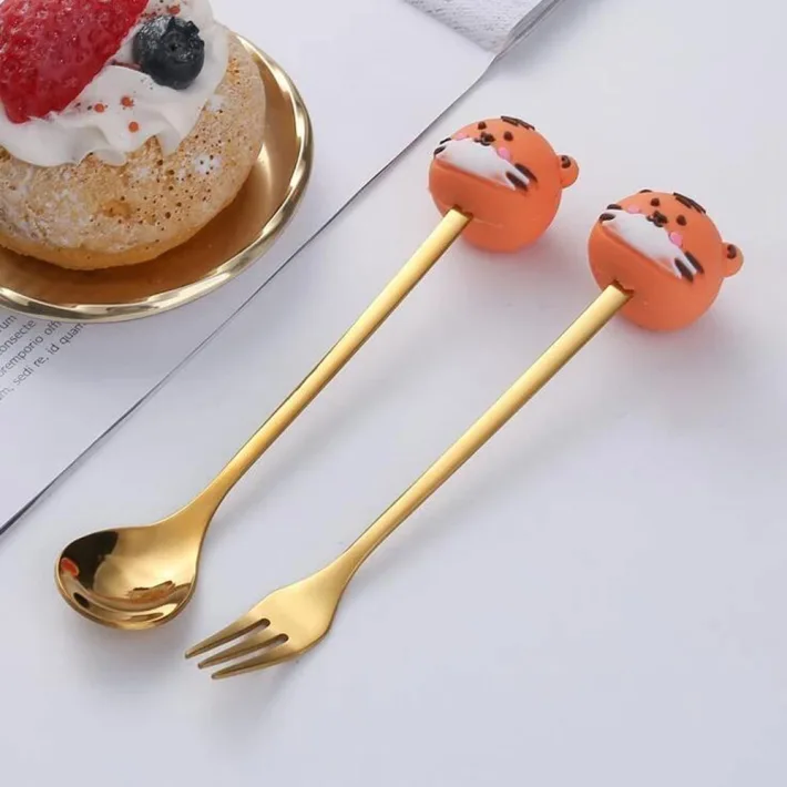 Cucharita + Tenedor de Postre Acero Dorado Jirafa- 2pzas