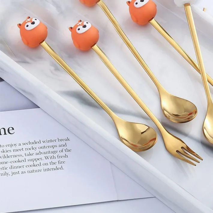 Cucharita + Tenedor de Postre Acero Dorado Jirafa- 2pzas