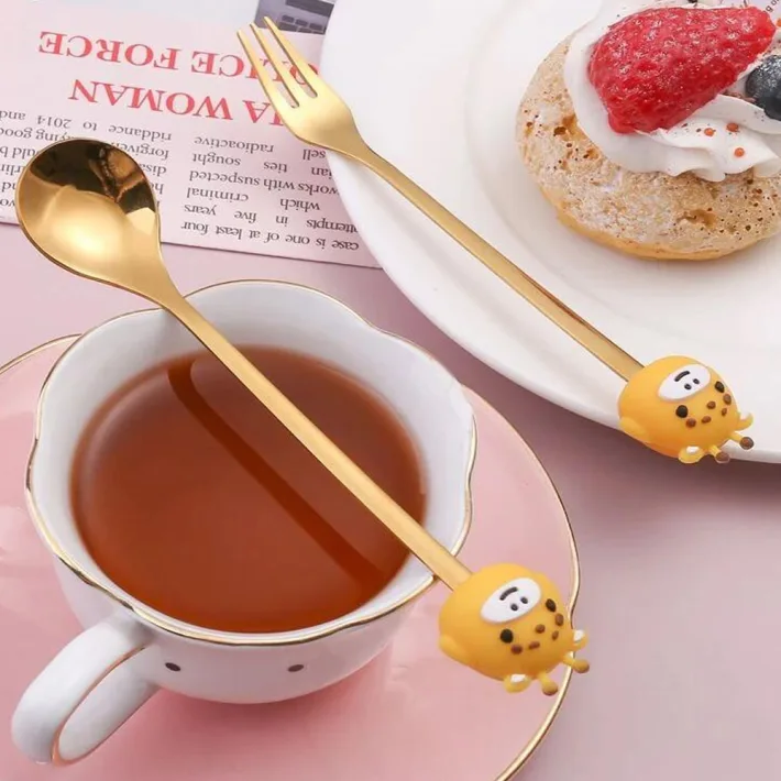 Cucharita + Tenedor de Postre Acero Dorado Jirafa- 2pzas