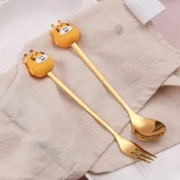 Cucharita + Tenedor de Postre Acero Dorado Jirafa- 2pzas
