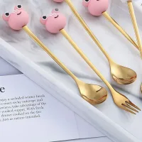 Cucharita + Tenedor de Postre Acero Dorado Jirafa- 2pzas