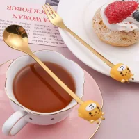 Cucharita + Tenedor de Postre Acero Dorado Jirafa- 2pzas